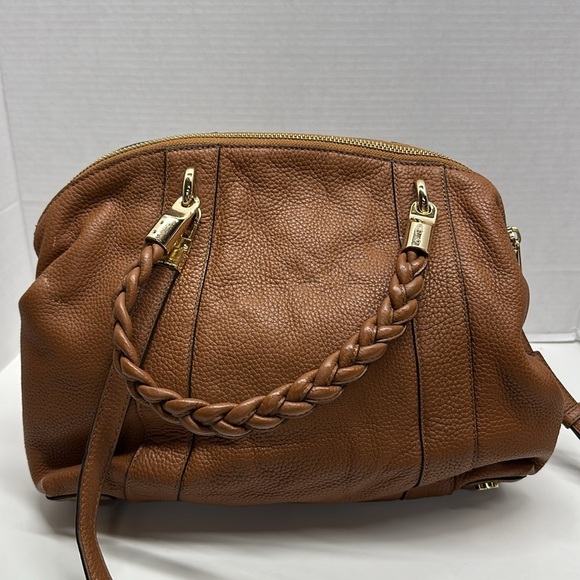 Michael Kors Naomi Bowling Purse Bag Leather Braided Handle Satchel Cognac Brown - Picture 3 of 10